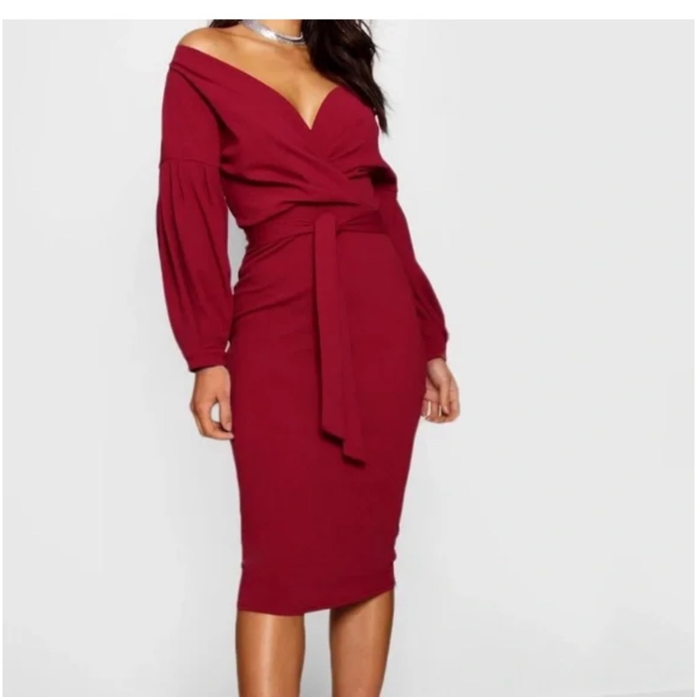 Boohoo off the shoulder wrap midi dress in berry. NWT.